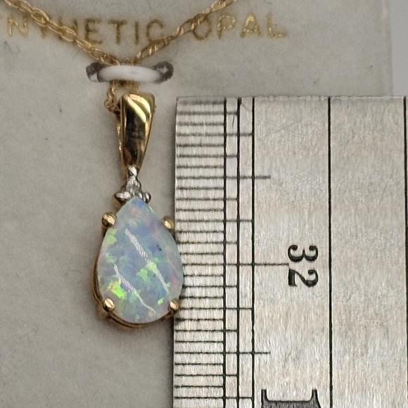10k Gold Necklace Diamond Synthetic Opal Teardrop 18" Baby Rope Chain Gift Box - Picture 6 of 9